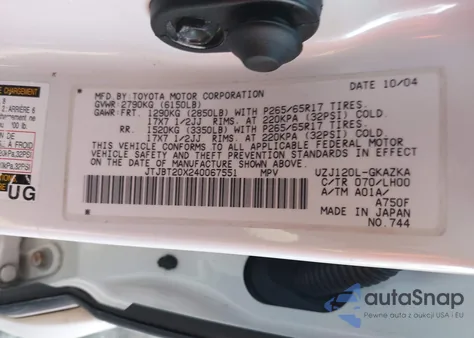 2004 Lexus Gx 470 from USA, damaged, VIN JTJBT20X240067551